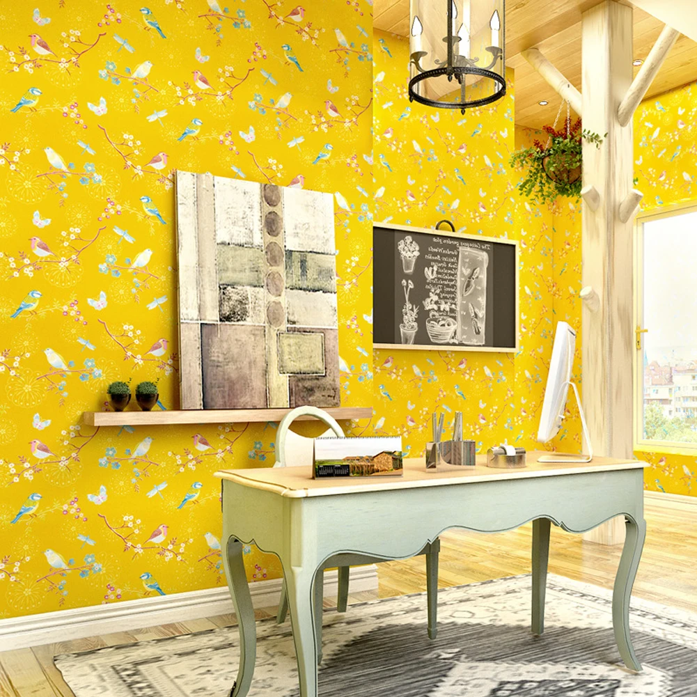 American Floral Wallpaper Garden Birds & Flowers Yellow Fresh Modern Simple Living Room Bedroom Wall Decor