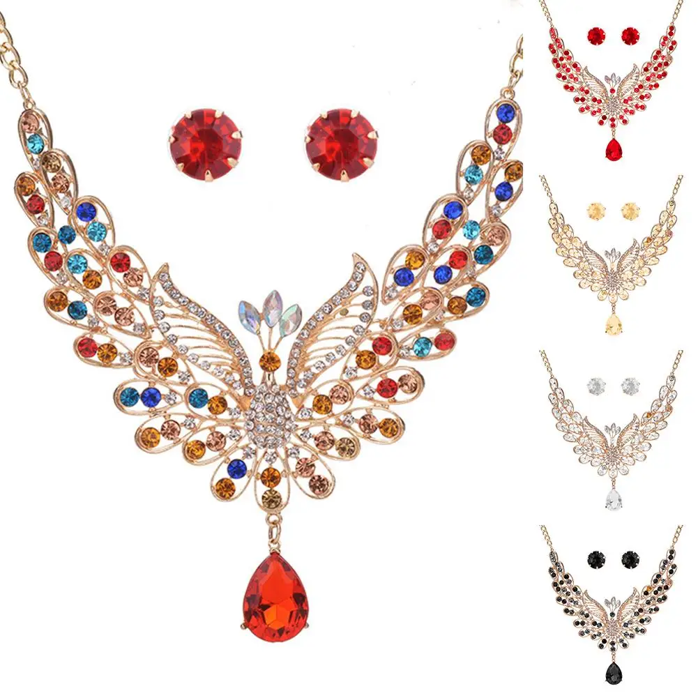 HOT SALES!!! New Arrival Retro Multicolor Rhinestone Hollow Peacock Bib Necklace Ear Studs Jewelry Set Wholesale Dropshipping