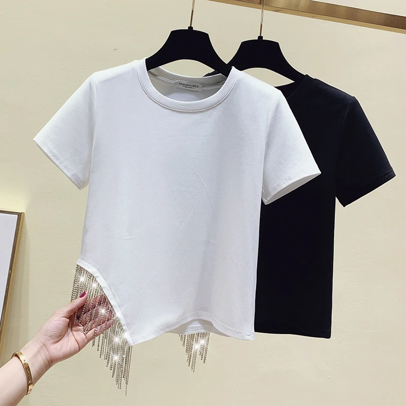 Crop Tops Cotton Tees Tassel T Shirt Women Clothes White Short Sleeve T-shirt Beading Summer Short Tops Black Y2K good quality