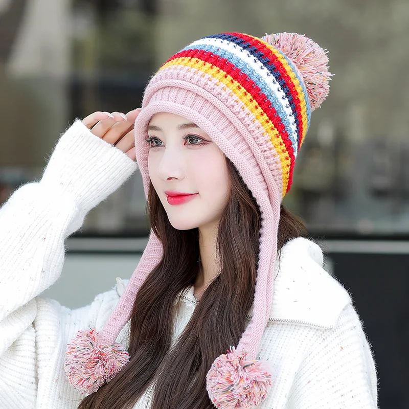 

2021 New Knitted Winter Hats Women Double Thicken And Warm Cap Color Multi Color Beanies Wool Toque Pompoms lovely Korean Bonnet