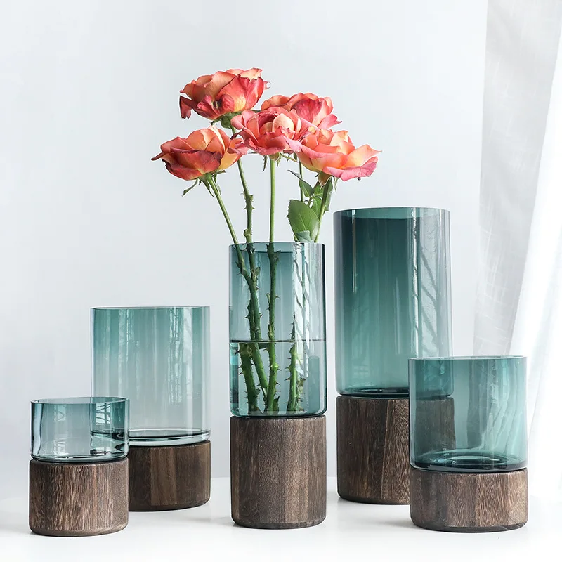 

Soild Wood Base Glass Vase Luxury Living Room Decoration Figurines Wedding Beside Plants Holder Crafts Gift Flower Pot