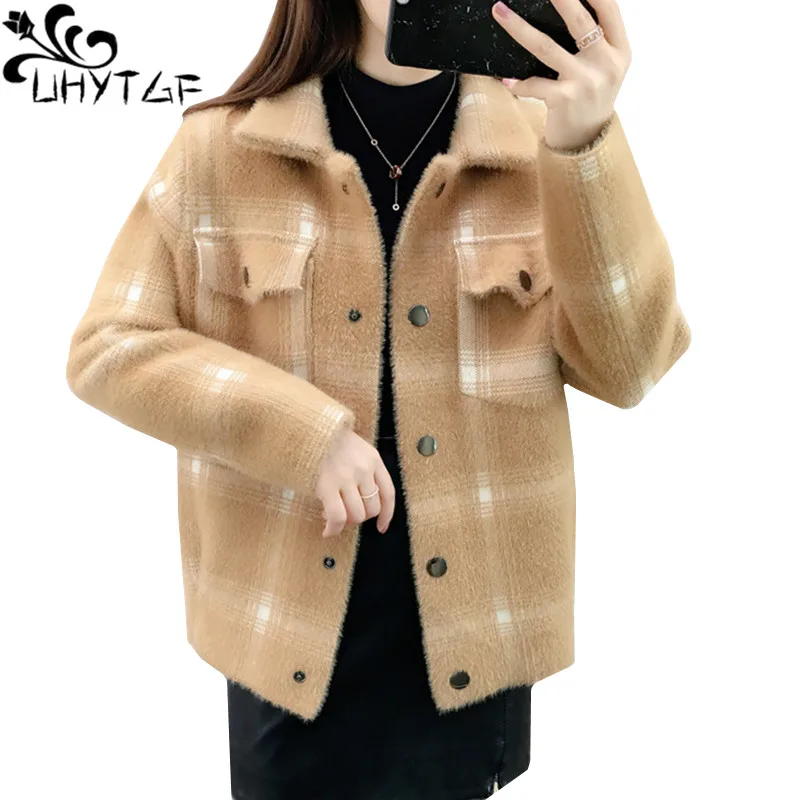 

UHYTGF sweater woman Imitation mink cashmere autumn winter sweater coat Fashion plaid knit cardigan woman Short sweater coat 868