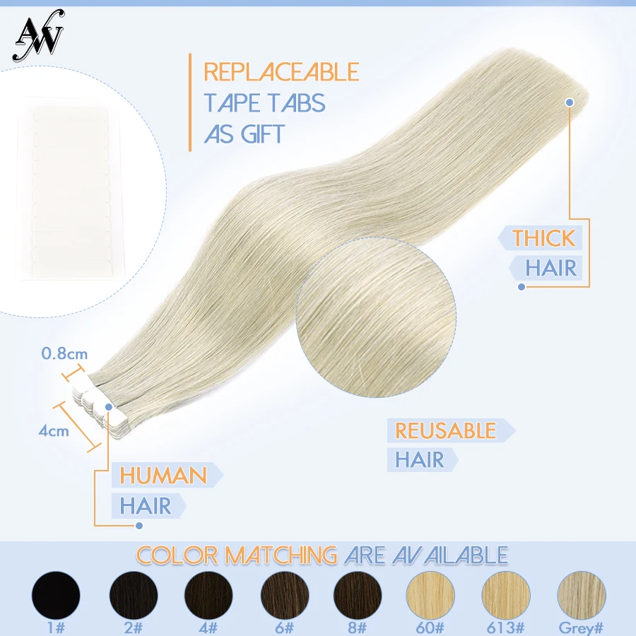 AW Mini Tape In 100% Human Hair Invisible Straight Black Blonde Natural Tape Ins Skin Weft Adhesive Glue On For Salon NonRemy