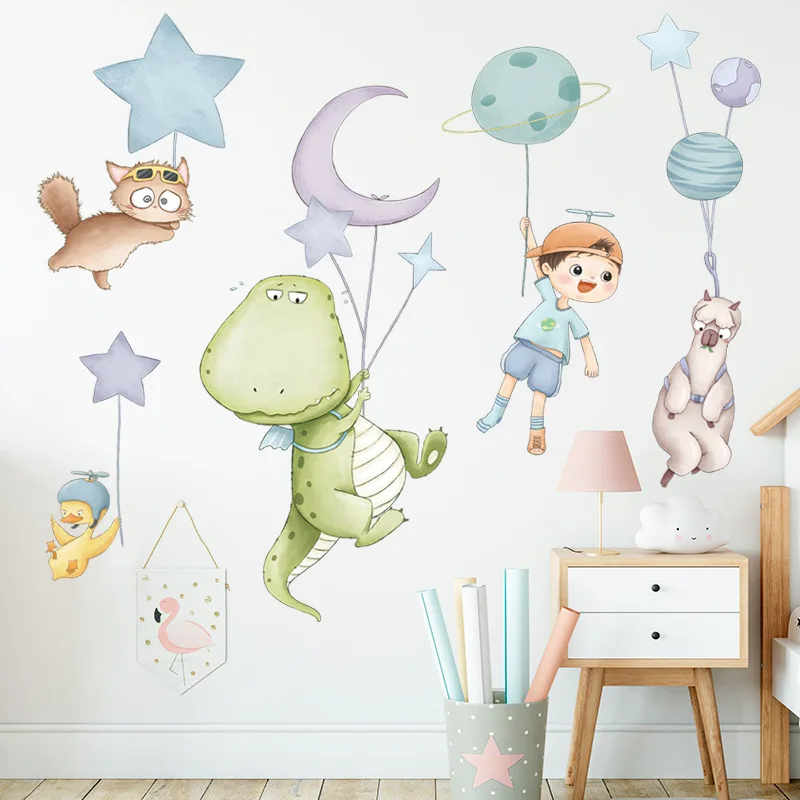 Cartoon Animals Dinosaur Cat Alpaca Wall Sticker For Baby Kids Room Decor Bedroom Background Wallpaper Home Decoration Stickers