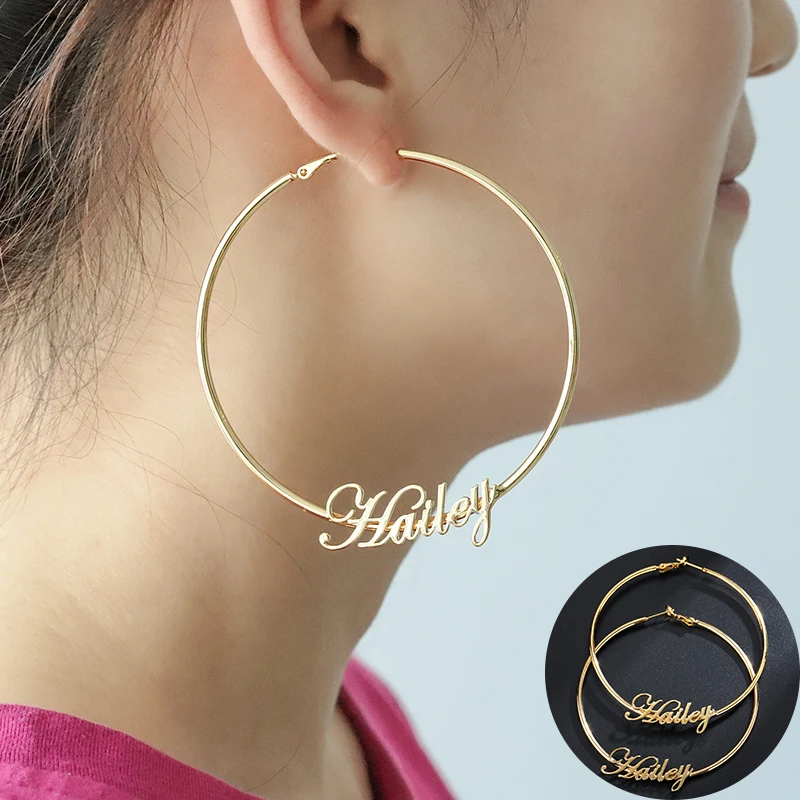 

Fashion 50-70 MM Big Hoop Earrings For Women Date Name Custom Earings Gold Stainless Steel Earrings Weding Bridesmaid Party Gift