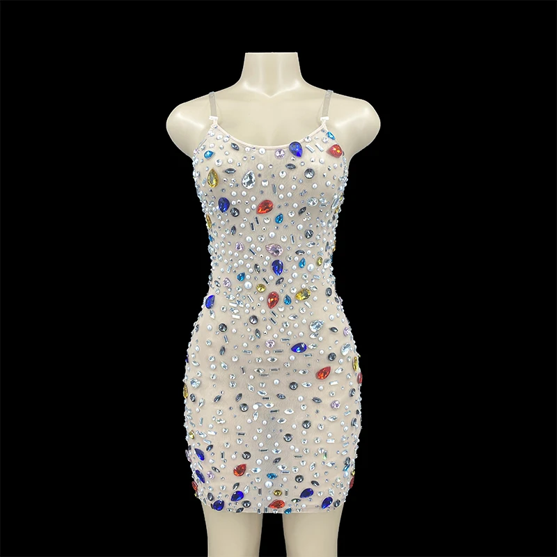 

Colorful Crystals Pearls Sexy Mesh Dress Prom Evening Sexy Transparent Multicolor Rhinestones Costume Birthday