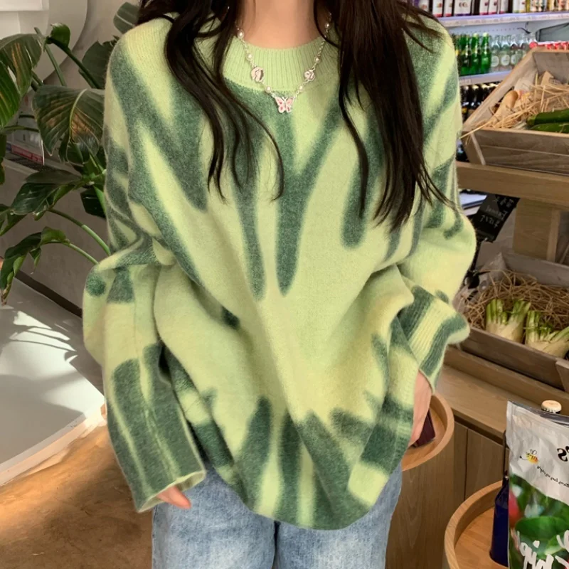 Maglione oversize Pullover verde donna maglione lavorato a maglia top allentati inverno o-collo Harajuku Sueter Mujer pull Tie Dye capispalla