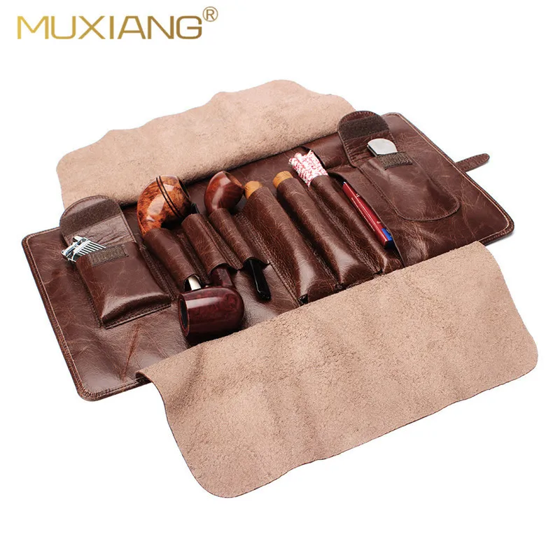 OLDFOX Cow Leather Pipe Smoke Pouch Bag Cigar Bag Portable Holder Pocket for 2 Tobacco Pipe and Smoking Tools Accessories fc0008