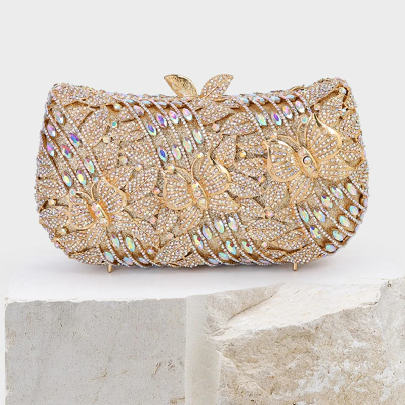 

Butterfly Flower White Evening Bag Rhinestone Diamond Purse Hollow Out Metal Crystal Women Dinner Wedding Clutch BagsParty