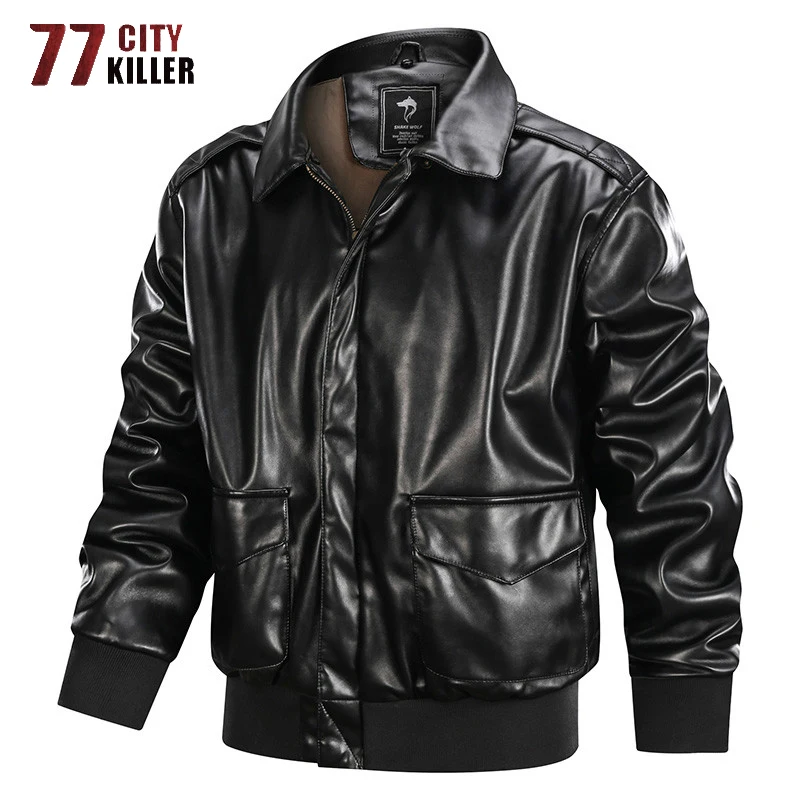 77City Killer Faux Leather Jackets Men Spring Autumn Military Bomber Pilot Jacket Casual PU Leather Coats Male EU Size XS-2XL