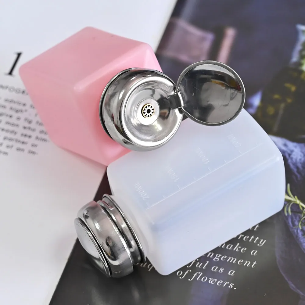 1Pc 200ml Square Press Pumping Empty Bottle Dispenser Pink/White Nail Polish Remover Bottles Push Down Pump Bottles