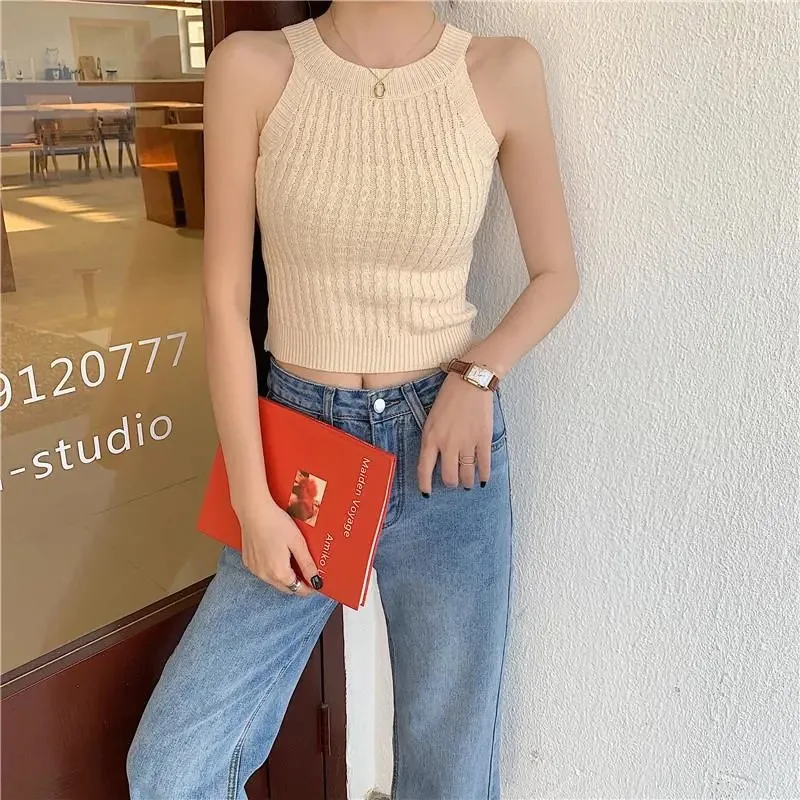 Pearl Diary Women Solid Tank Tops Summer Elegant Knitted Sleeveless Street Solid Crop Camisole Strapless Round Neck Tops