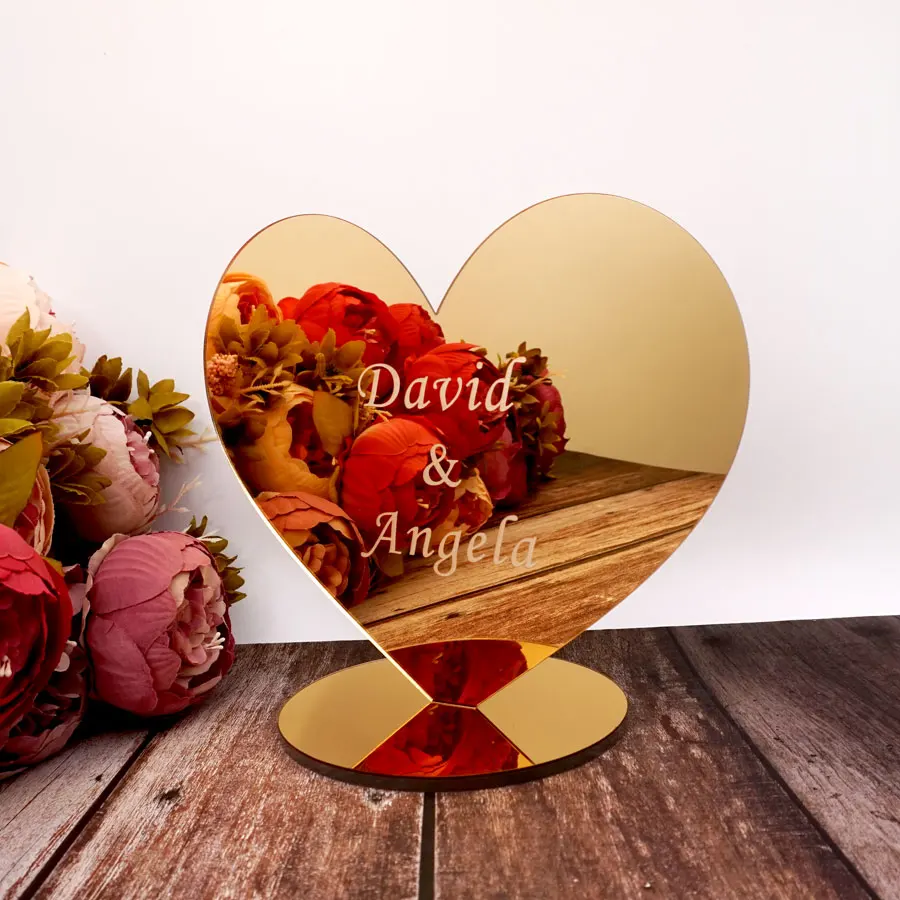 Personalized Heart Style Wedding Event Party Table Decoration Favors Prop Custom Name Acrylic Mirror For Engagement Gift