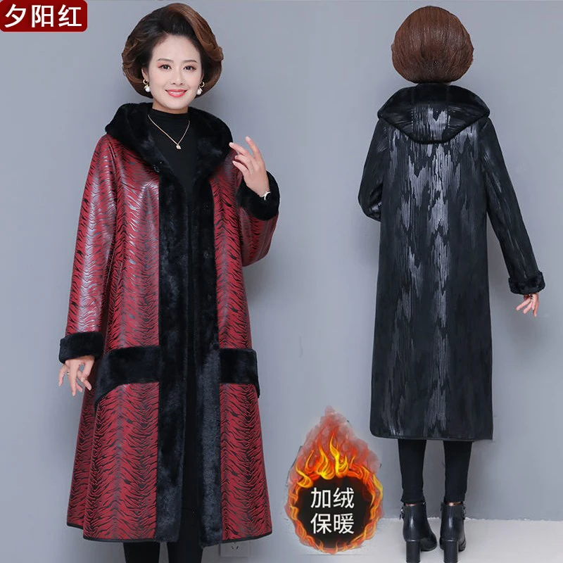 Mother Wear Large Size Plus Fat Coat Middle-aged Winter Fur Collar Middle-aged Long Leather Coat High-quality Warm Overcoat