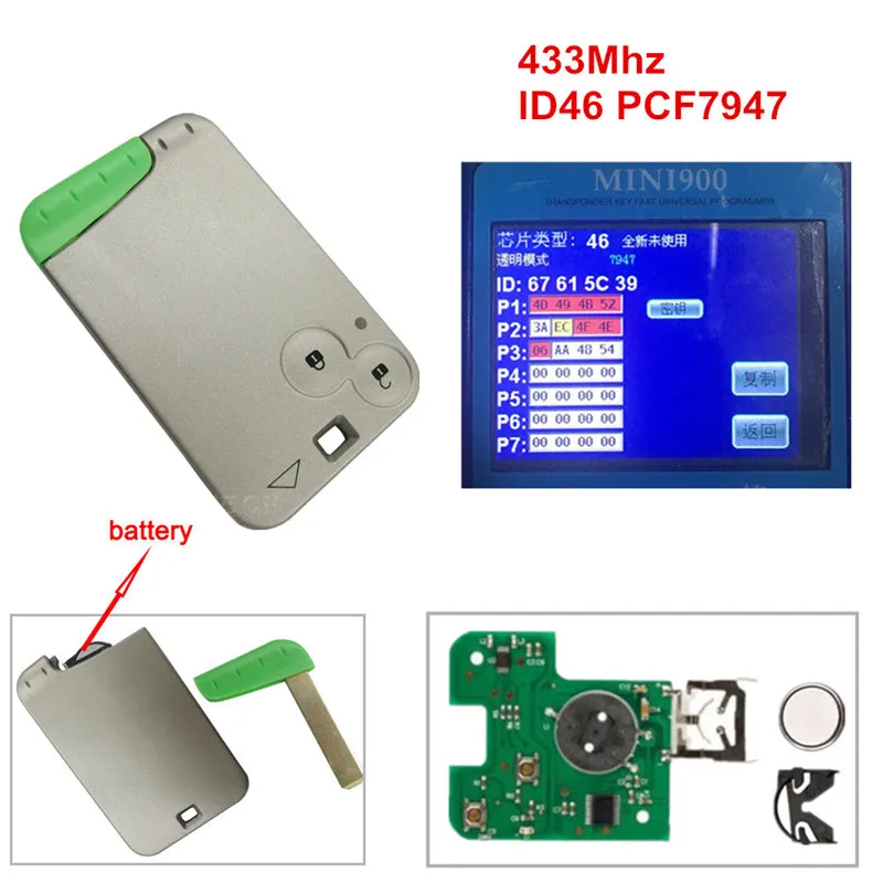 1/5/10ชิ้น2ปุ่มสมาร์ทการ์ดสำหรับ Renault Laguna กุญแจรีโมท433MHz ชิป PCF7947 ID46