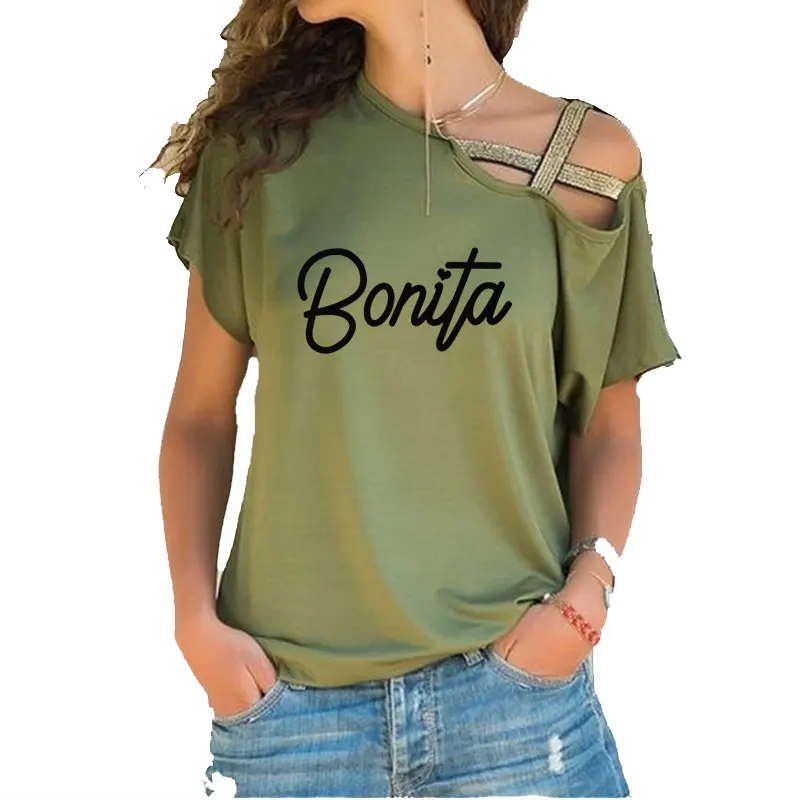 Bonita Print Women tshirt Summer Cotton Casual Funny t shirt For Lady Girl Irregular Skew Cross Bandage tee tops