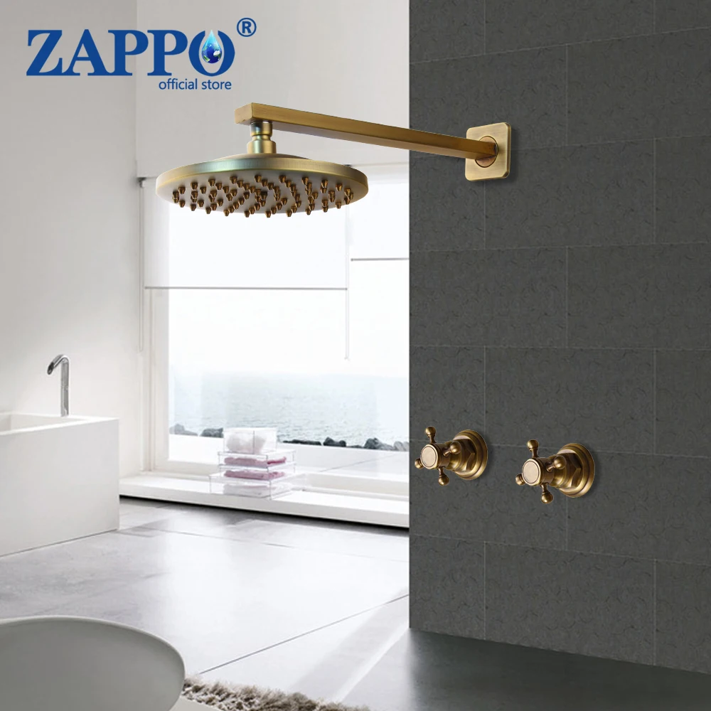 ZAPPO 8 inch  Black/Antique Brass Bathroom Rainfall Shower Faucet Set Wall Mounted 2 Handles Shower Set w/ Rainfall Shower Head