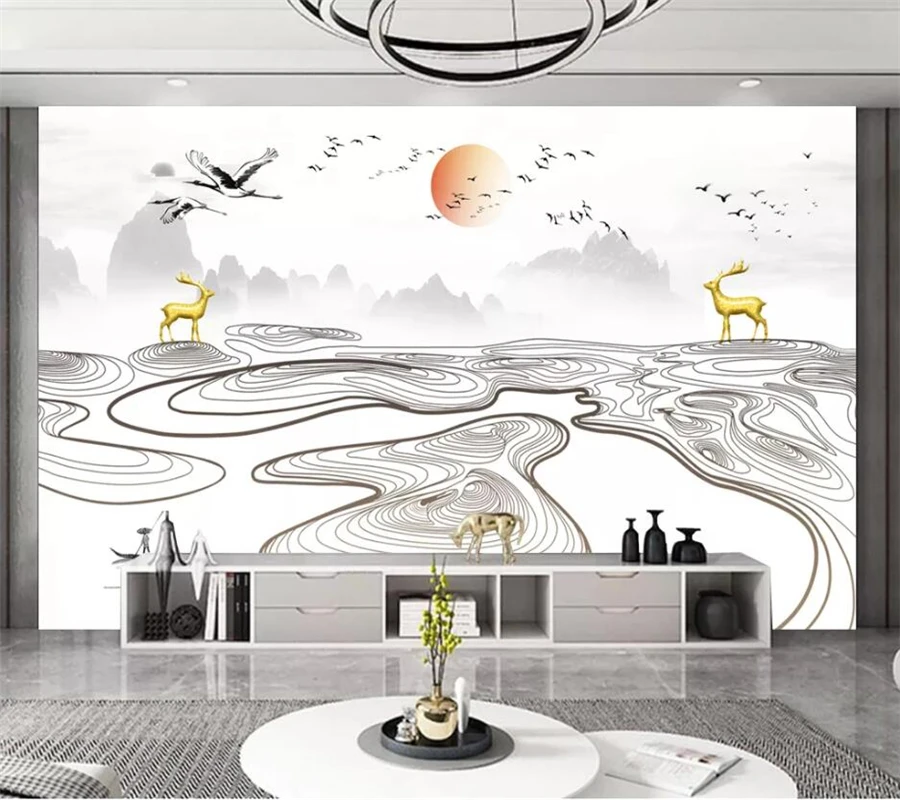 

wellyu Customized large mural new Chinese style light luxury gold line flower crane national tide background wall