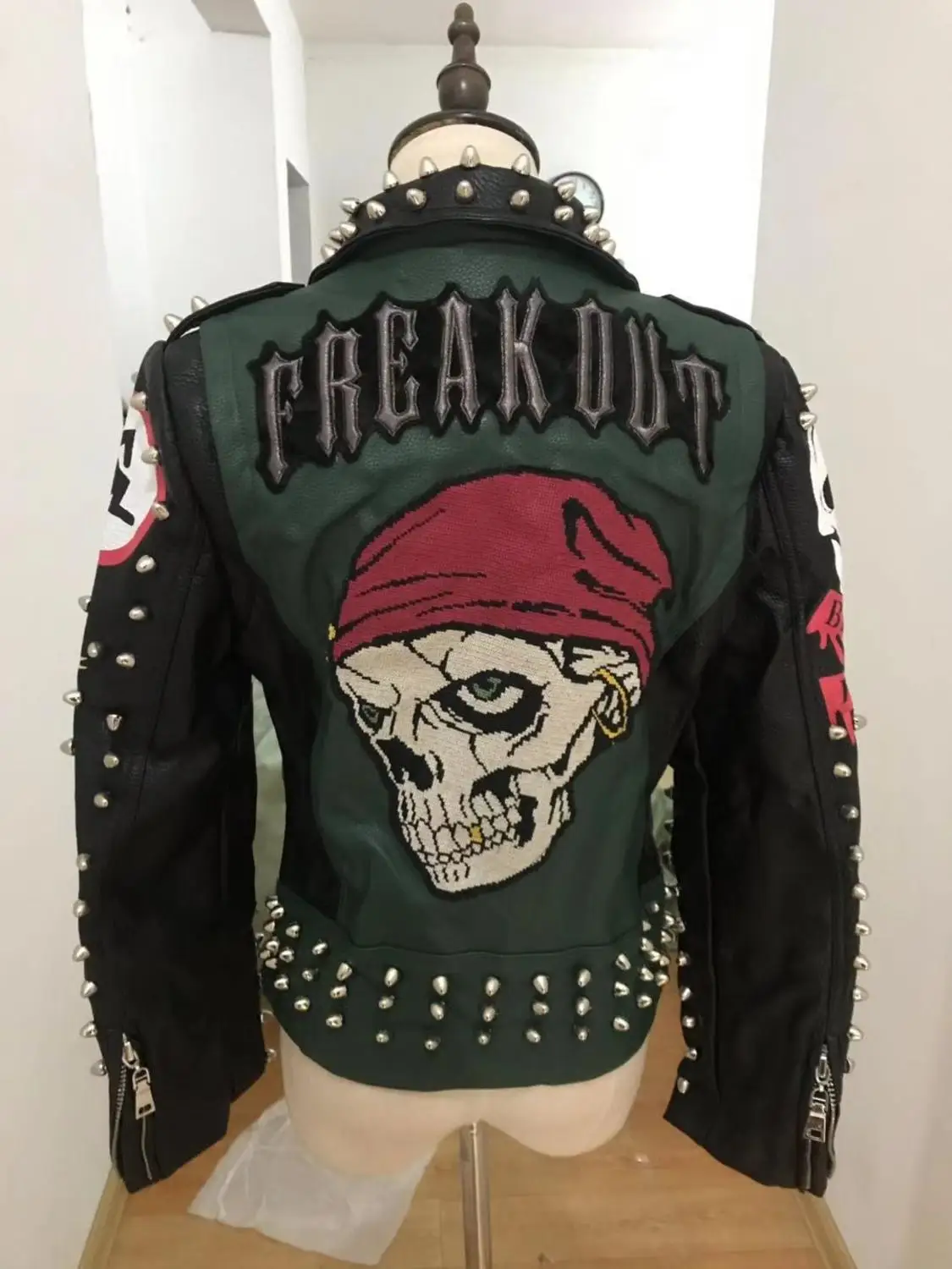 Blouson en cuir style punk pour femme, streetwear, graffiti, chancelier, motard, automne, printemps, 2024