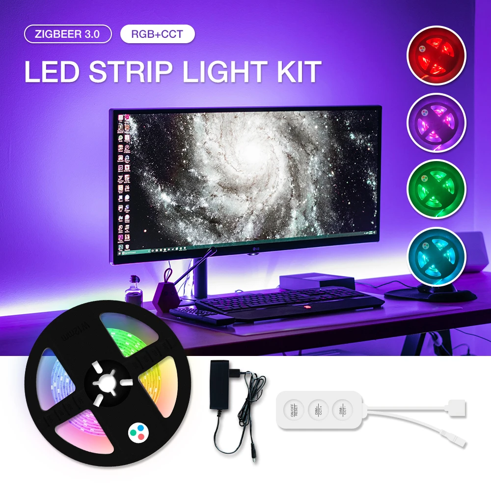 Gledopto 3-Key Zigbee 3.0 LED Controller Smart Home RGB+CCT Light Strip Kit With DC12V Power Supply For TV-Back Lighting kitchen