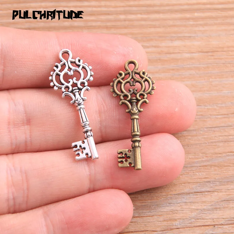 20pcs 12*32mm Two Color Small Hollow Key Charms Pendants Handmade Decoration Vintage For DIY Jewelry Making Findings