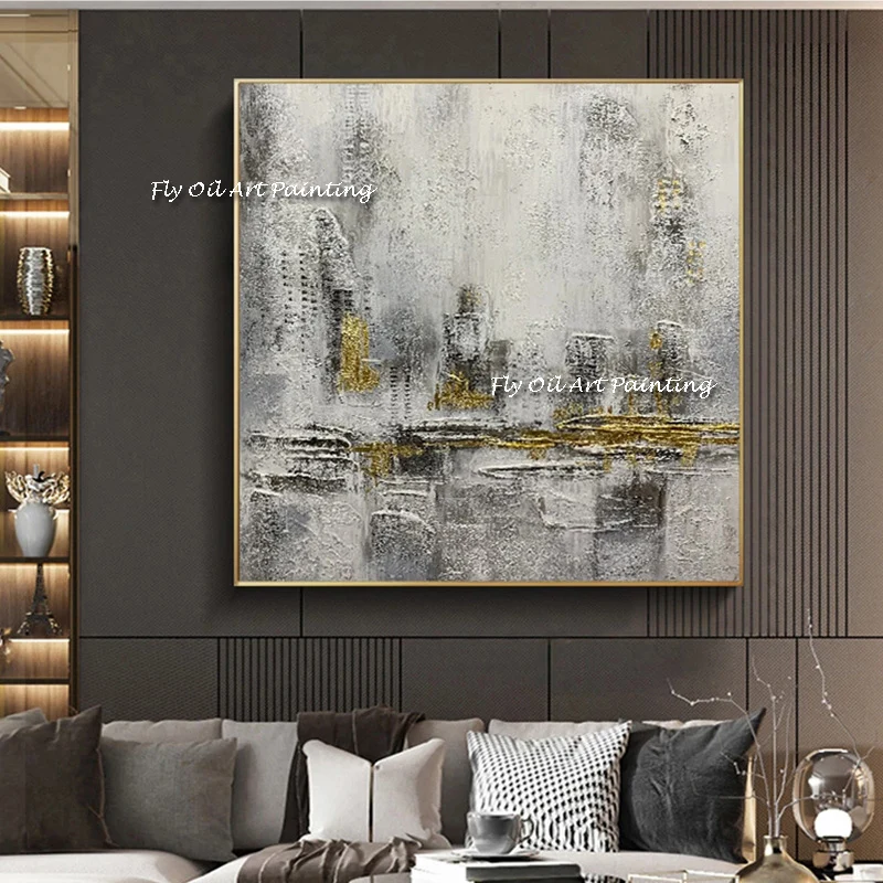 Abstract Landscape  Wall Art Canvas Painting Lovers and City View Oil Painting Pictures for Living Room Decor