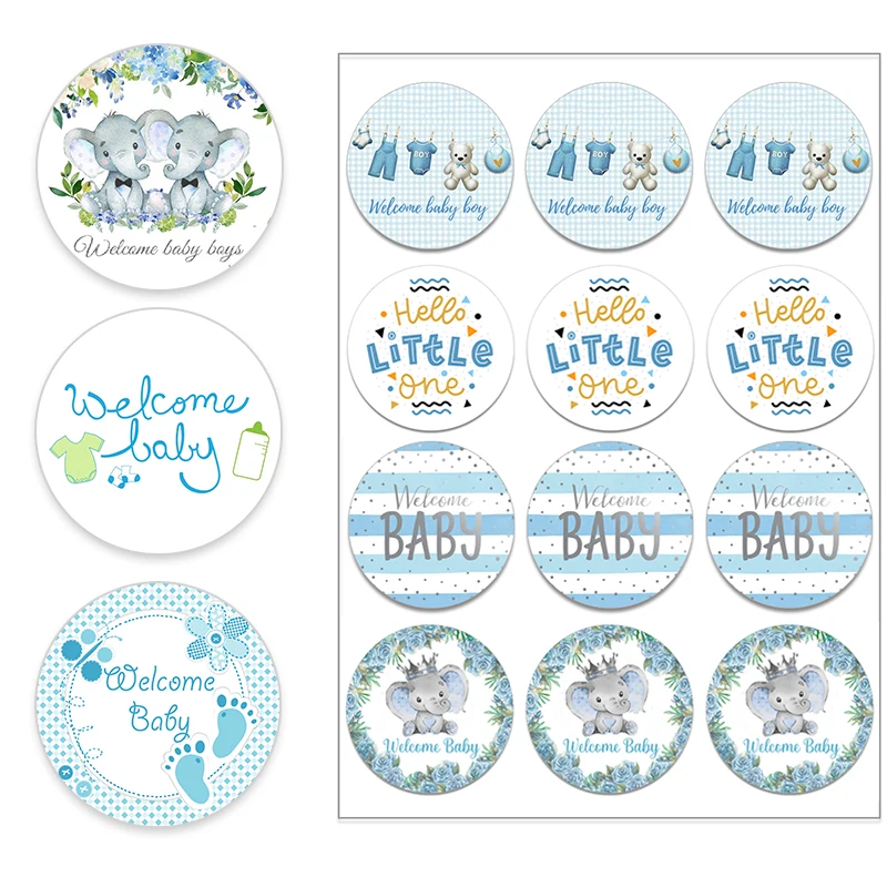 3.5/4.5cm Welcome Baby Boy Stickers Labels Cute Little One Elephant Decor Stickers Welcome New Born Gender Reveal Baby Shower