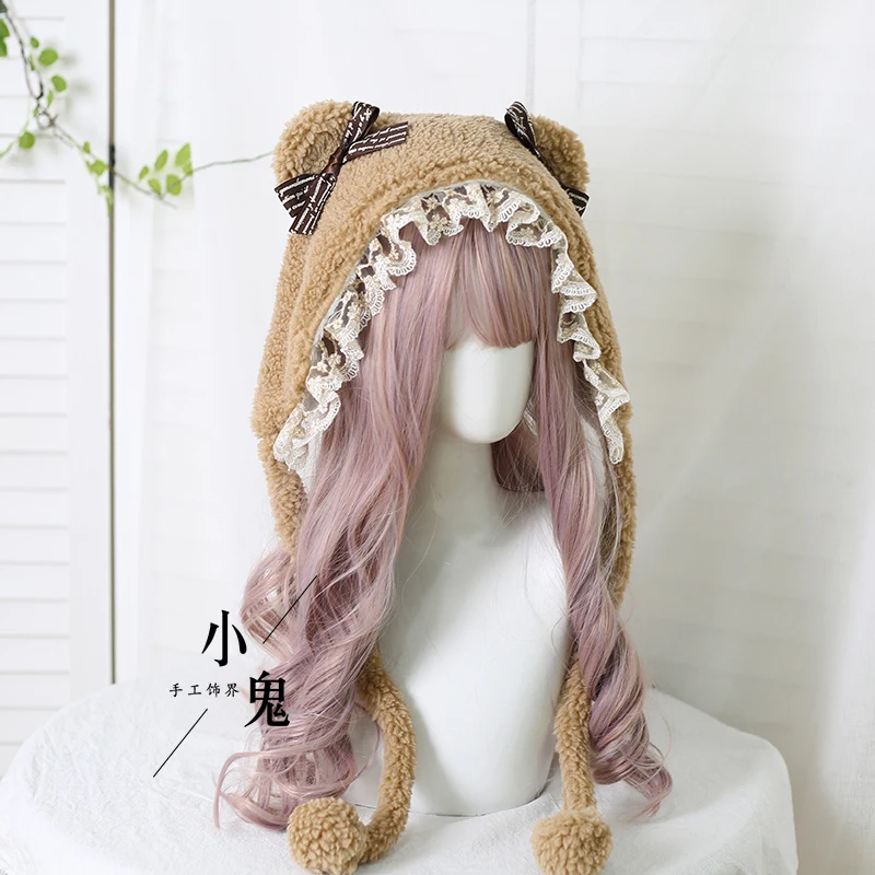 Soft Girl Lovely Lace Trim Lolita Daily Little Bear Ear Plush Warm Hat Harajuku Thicken Earmuffs Winter INS Bandage Fashion Cap