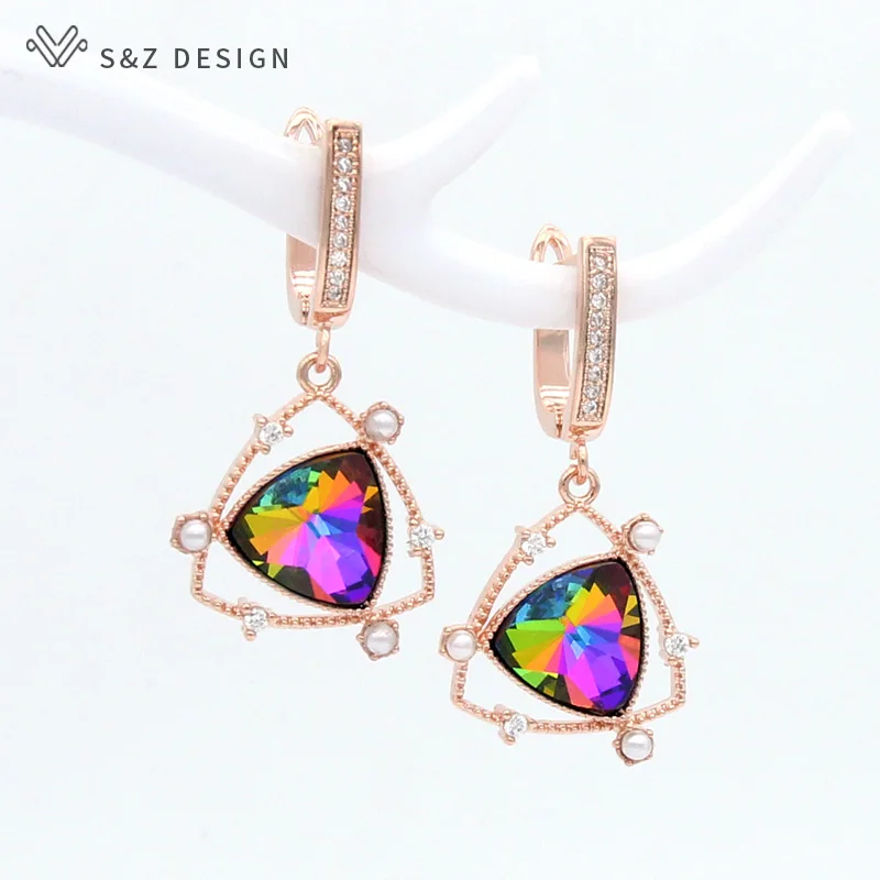 

S&Z DESIGN New Fashion Colorful Triangular Crystal Dangle Earrings For Women Wedding Jewelry 585 Rose Gold Color Eardrop