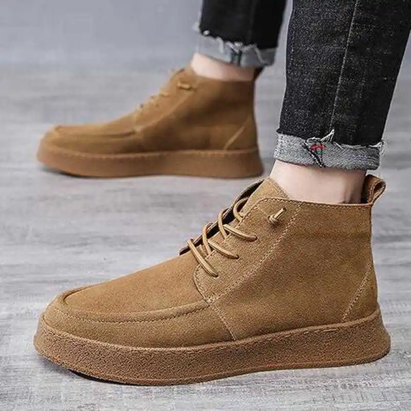 Cow Suede Leather Men\'s Boots Plus Velvet Warm Casual Shoes Slip-On Suede New Tide Shoes for Man Ankle Boots Chelsea Boots Men