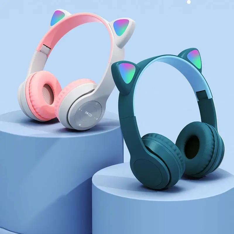 Cat Ear Wireless Bluetooth-compatible Headphones Foldable LED Light Up With Microphone For Computer PC Gaming Girls Kids