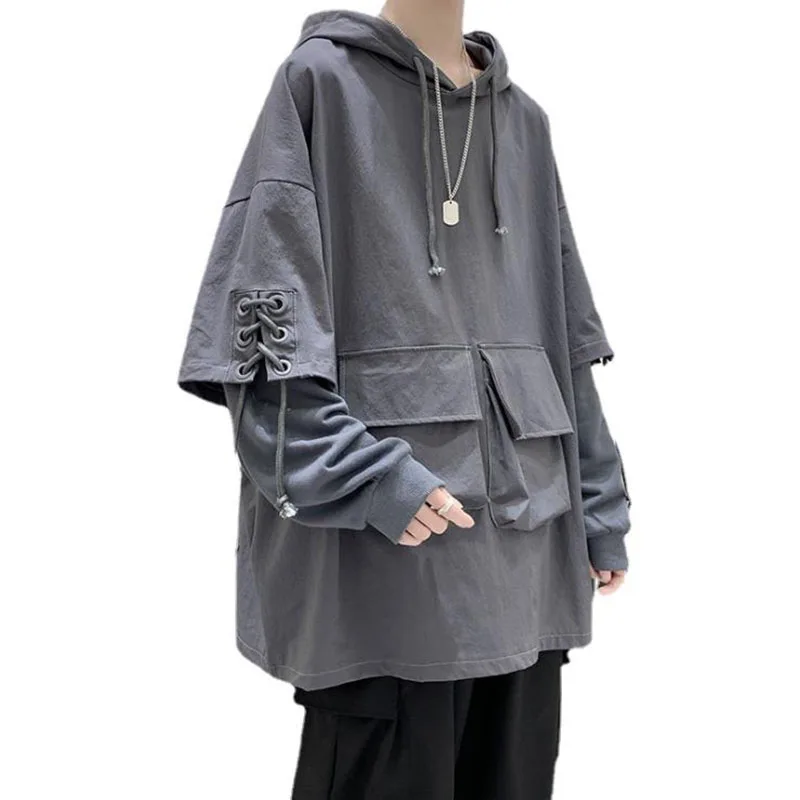 2021 Spring Men Streetwear Pocket Cargo Hooded Hoodies Mens Korean Harajuku Stitched Sleeves Sweatshirts Male Hip Hop Clothing