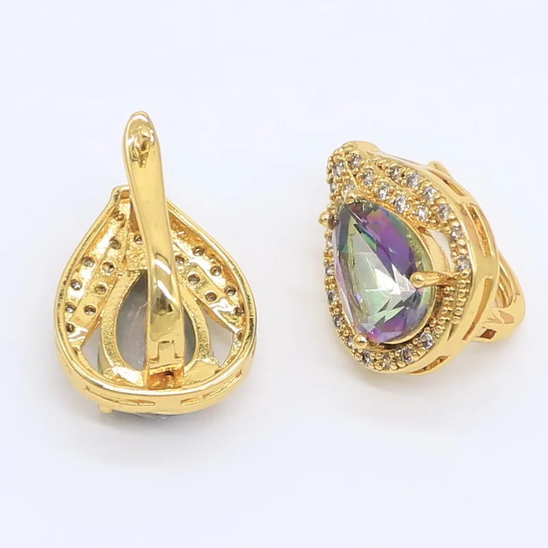 Rainbow Semi-precious  Gold Color Jewelry Sets for Women Water Drop Hoop Earrings Necklace Pendant Rings Free Gift Box