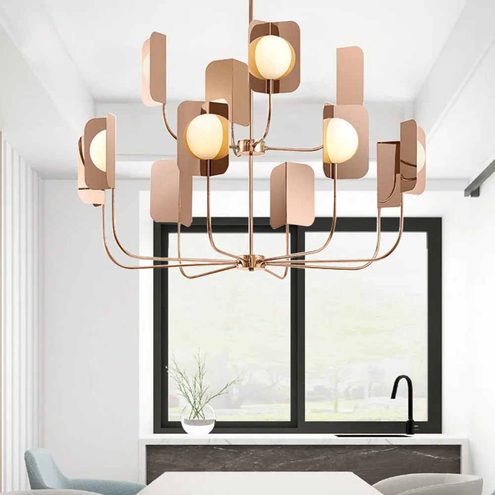 

Europe Rose Gold / gold chandelier Metal Leaves G9 LEAF Chandelier Luxury Milky Glass Lighting Living Room cafe decoration light