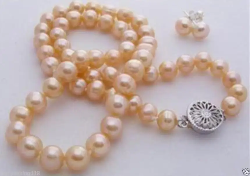 

Natural 7-8mm pink akoya cultured pearl necklace earring 18"