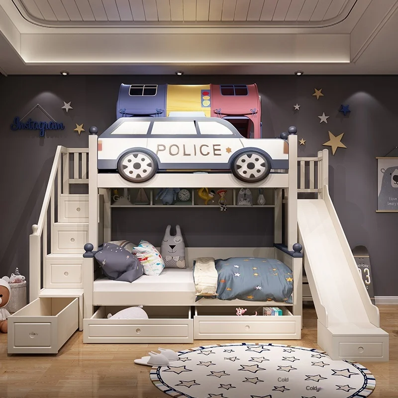 Full solid wood two-story children\'s bed boy up and down wooden bed bunk bed high and low bed mother bed police car bed slide