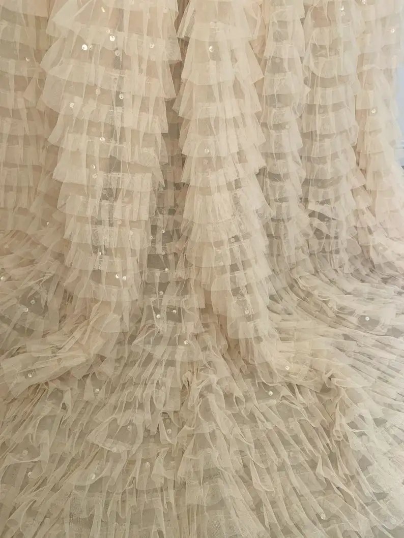 1 yard Nude Beige Ruffle Fabric For Cake Dress With Sequins, Frilled Fabric For Tutu Dress, Photography Prop Backdrop