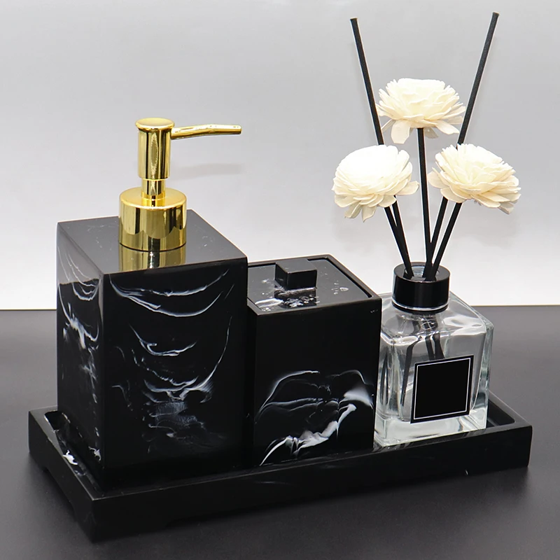 Black Marble Pattern Resin Bathroom Set Storage Tray Toothbrush Holder Kit Liquid Soap Dispenser Hotel Bathroom Supplies Toothpi