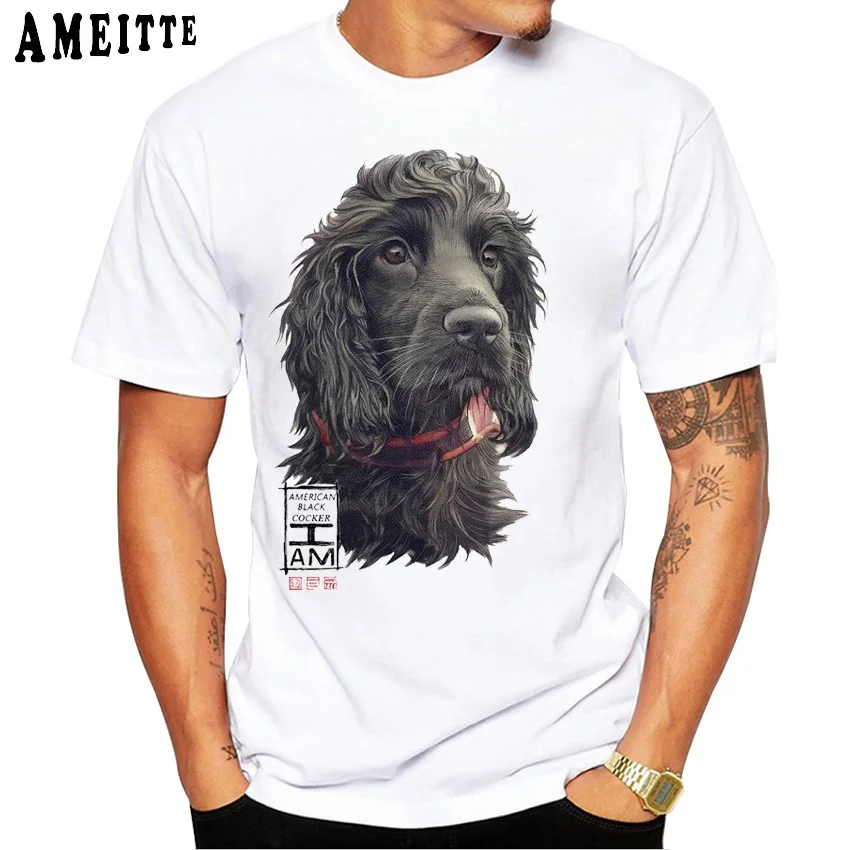 American Cocker Spaniel Black Print T-Shirt New Summer Fashion Men Short Sleeve Boy Casual Tops Funny Dog Design Man White Tees