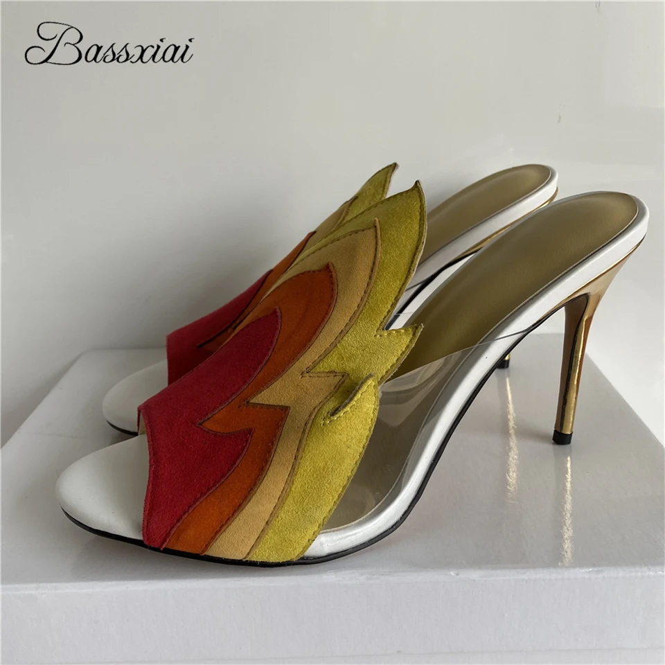 

Flame-Shaped Suede Patchwork Sandals Women 10cm Thin High Heels PVC Transparent Slingbacks Open Toe Summer Runway Shoes