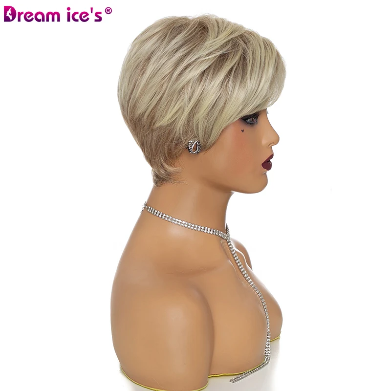 Short Mixed Blonde Brown Straight Wave Synthetic Wig With Bangs For Women Natural Wave Pixie Cut Heat Resistant Fiber Daily Wigs