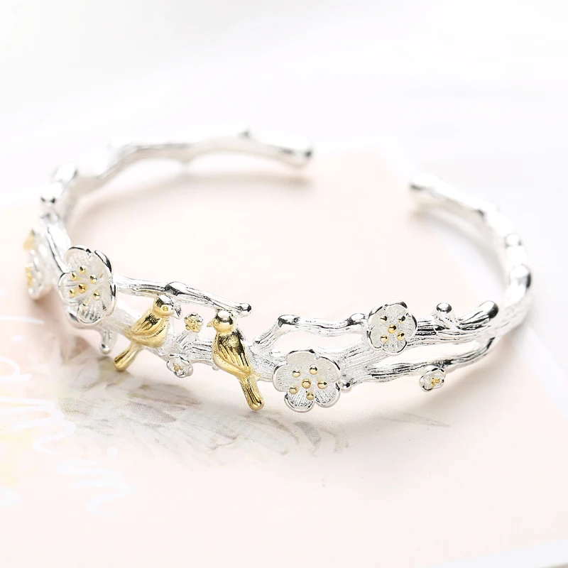 Osobowość nowa sztuka 925 Sterling Silver biżuteria kobieta prosty pasek gałęzie ptaków wysokiej jakości popularne otwarte bransoletki