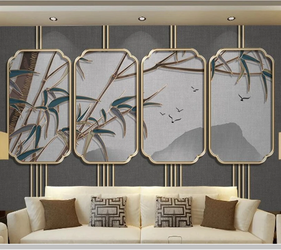 

Papel de parede Chinese style bamboo mountain bird golden relief 3d wallpaper mural,living room bedroom wall papers home decor