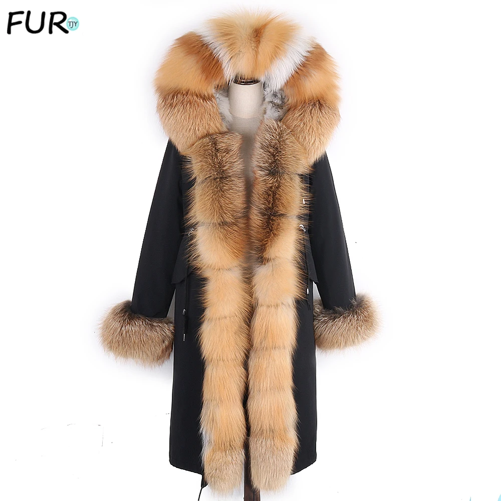 

Russia Women's jacket Rea Fox Fur Coat With Hood Rex Rabbit Fur Liner Winter Jacket Natural Fur Parkas NEW 2020