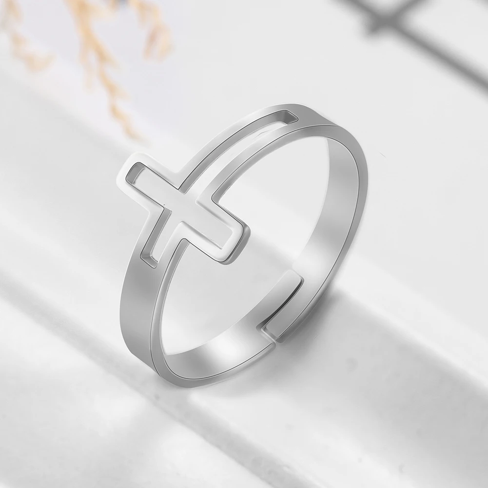 COOLTIME Stainless Steel Rings for Men Women Adjustable Cross Finger Ring Gold Color Religious Jewelry 2024 Trend Gift Couple