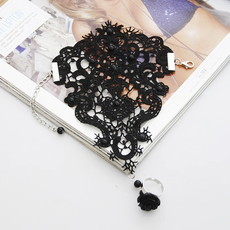 2Colors Women Rose Beads Flower Lace Glove Goth Style Adjustable With Ring Long Bracelet Women Accessories