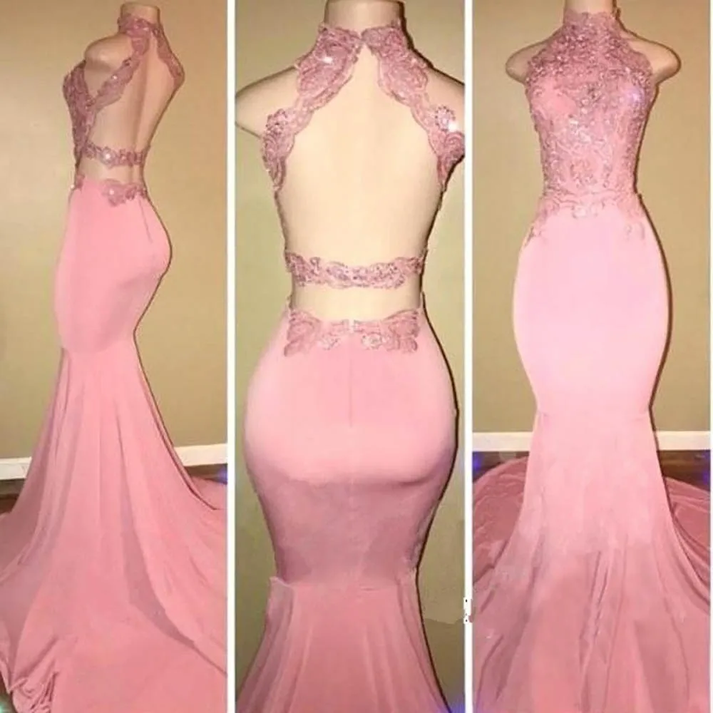 

New Pink Prom Dresses Mermaid High Collar Appliques Lace Backless Party Maxys Long Prom Gown Evening Dresses Robe De Soiree