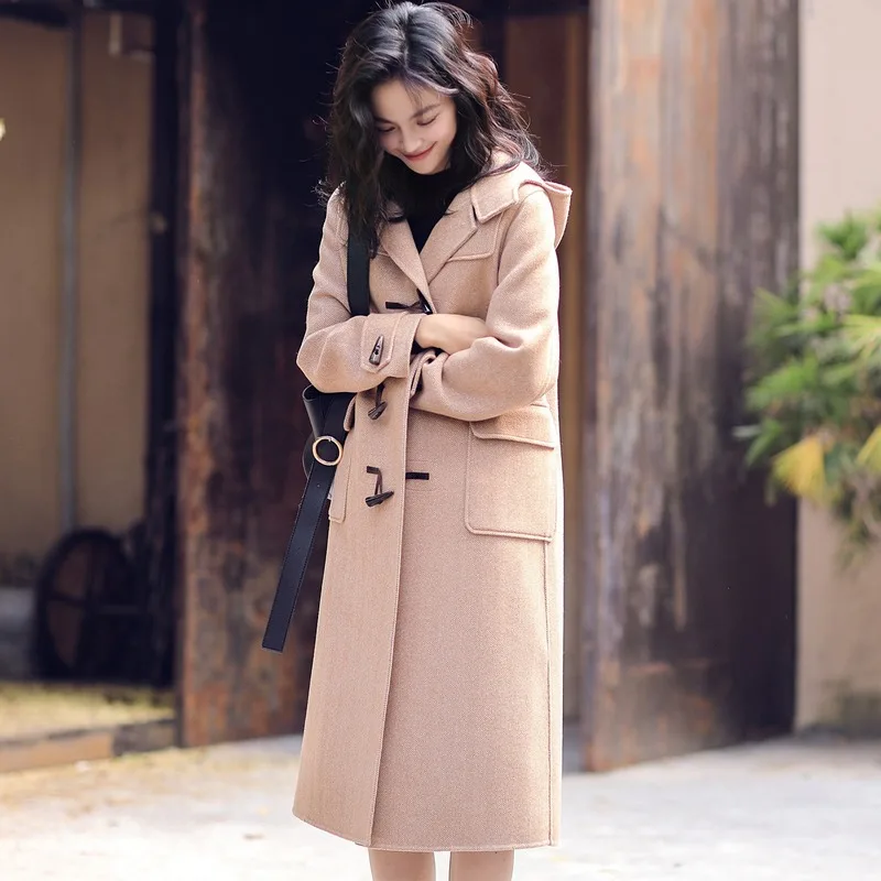 

retro college 2020 style long herringbone pattern hooded horn buckle double-sided wool woolen coat