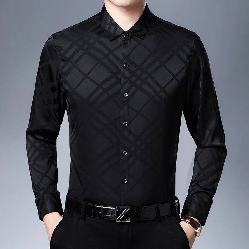 2019 New autumn & spring mens soft silk shirt casual male fashion striped long sleeve thin silk satin dress shirts