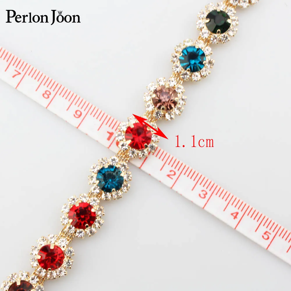 1 yard mixed color crystal round rhinestone trim shiny crystal gold metal chain clothing bag decoration accessories ML111